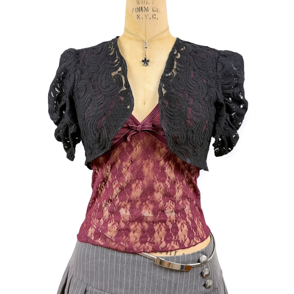 Y2K Goth Coquette Lace Shrug Bolero Puffed Sleeve Whimsygoth Romantic Size M